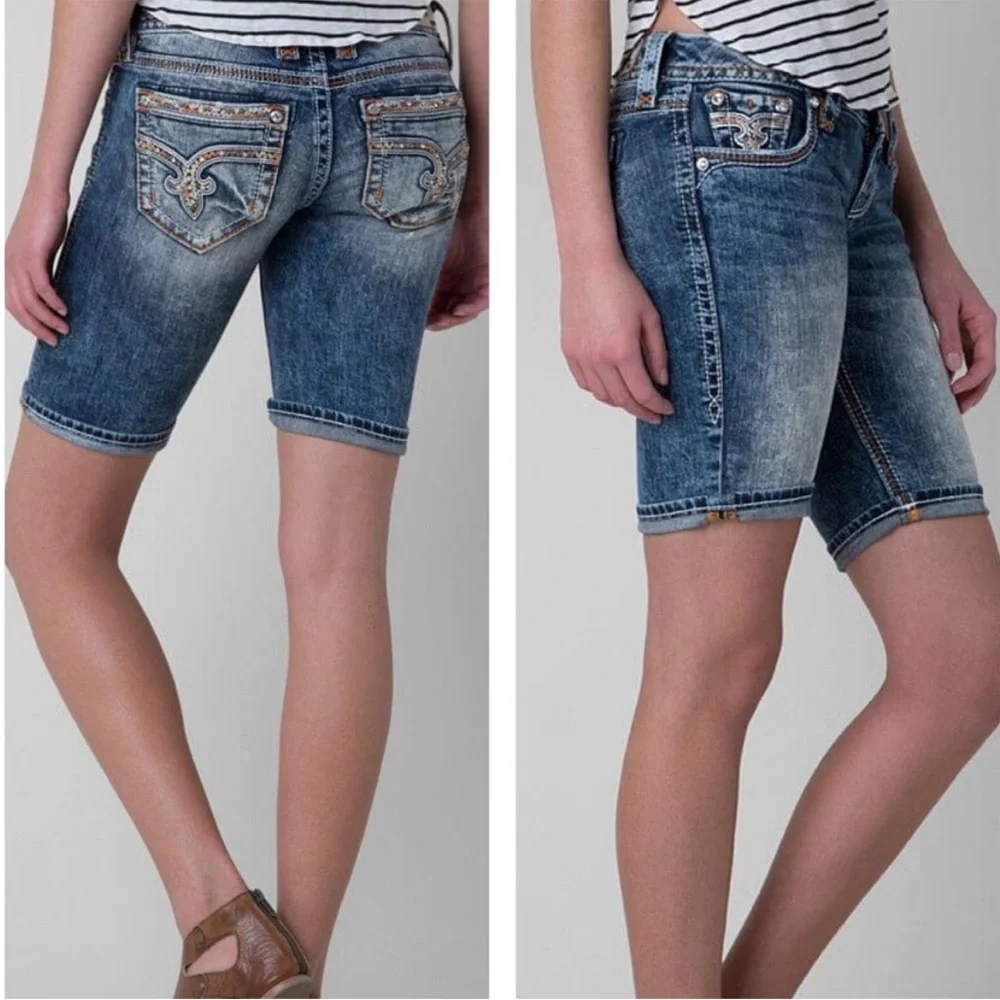 Rock Revival Nancy Bermuda Stretch Denim Shorts Distressed Blue Sz 25